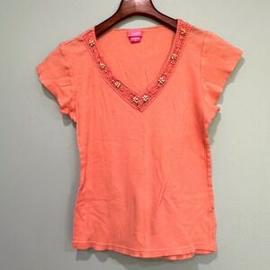 VTG Y2K Angels Coral Beaded V Neck Short Sleeve T Shirt Women's XL Cotton Blend